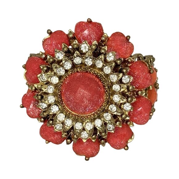 Pink And Orange Rhinestone Heart Flower Clamp Statement Bracelet 6.7" VTG - Picture 2 of 12